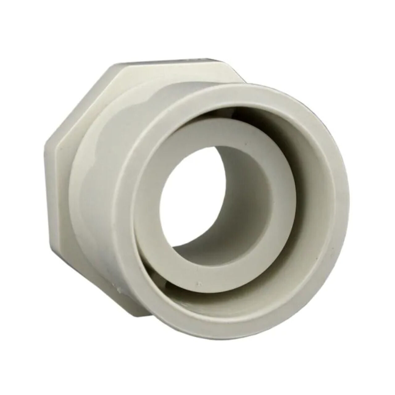 The Go Build 2 in. x 1 in. Schedule 40 PVC Spg x S Reducing Bushing is a gray plastic hexagonal adapter with a central circular opening, shown against a white background.